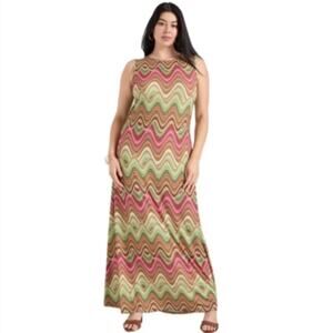 NEW June + Vie Maxi Dress 1X 22/24 Multicolor Retro Wavy 70s Boho Hippie Print